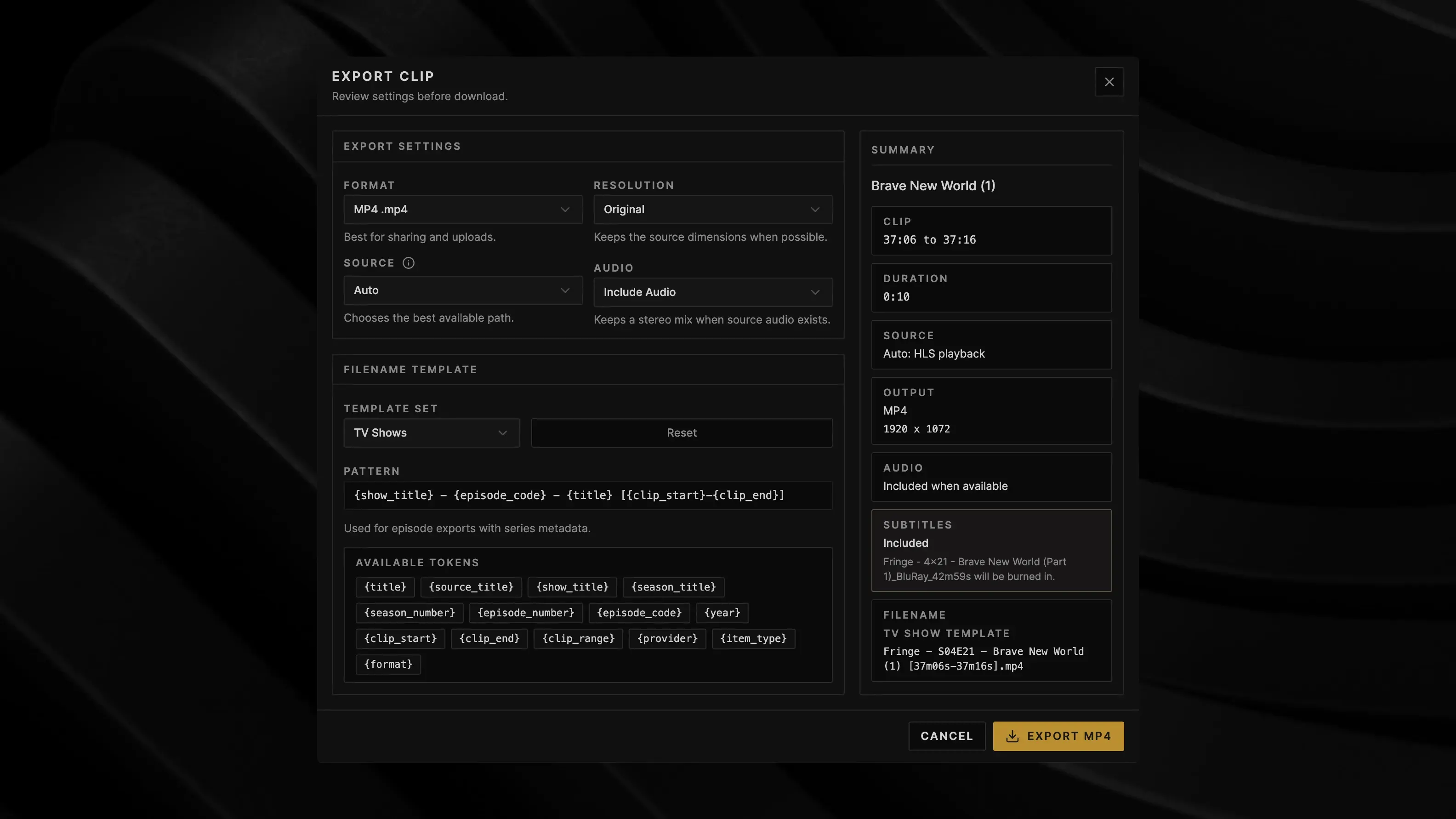 Cliparr export dialog showing format, resolution, source, audio, filename template, and export summary.