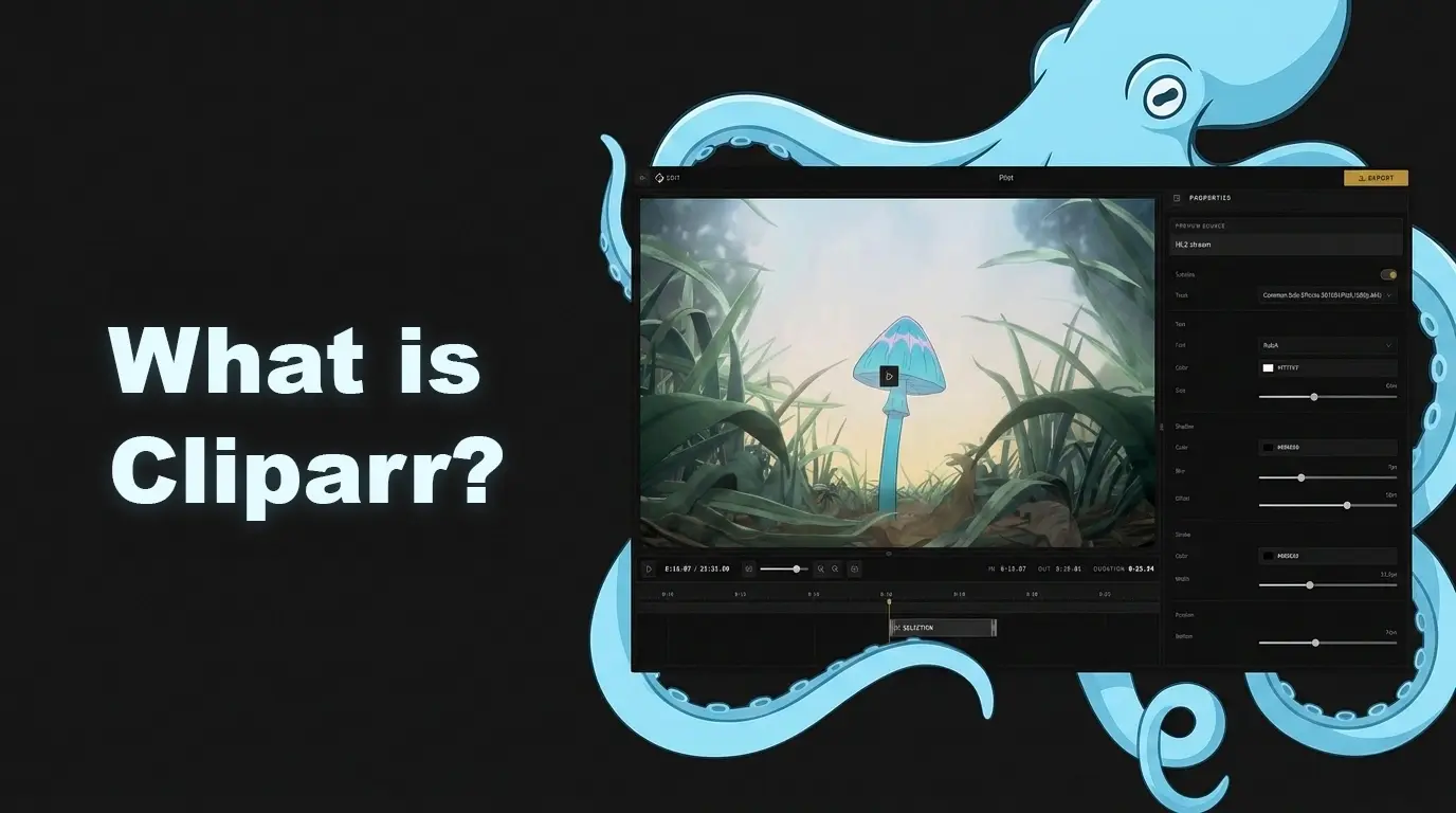 Cliparr editor showing a video preview, playback controls, and timeline clip selection.