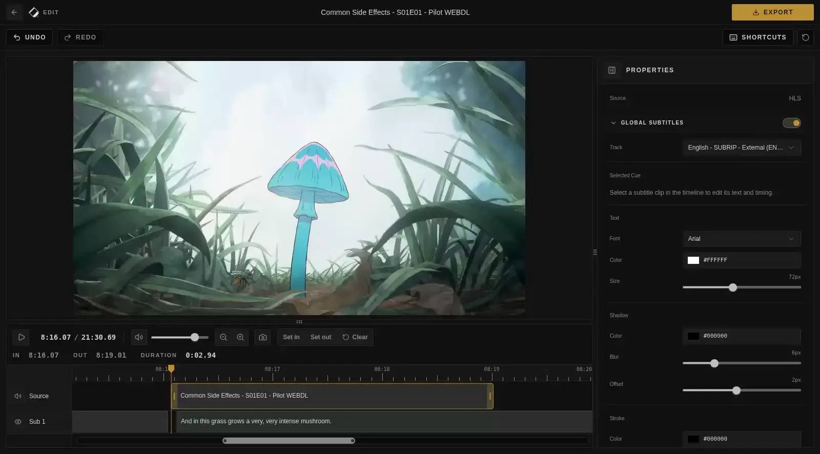 Cliparr editor showing a video preview, playback controls, and timeline clip selection.