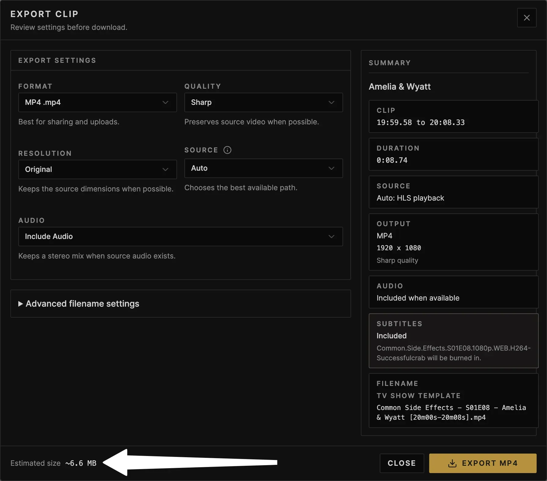 Cliparr export size estimation interface and output size preview.
